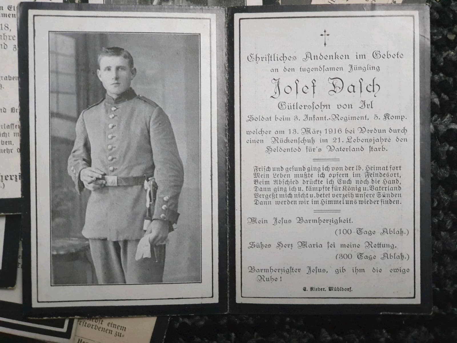 original german ww1 Death Card Josef Dasch 3ir Fell 18 March 1916 Verdun