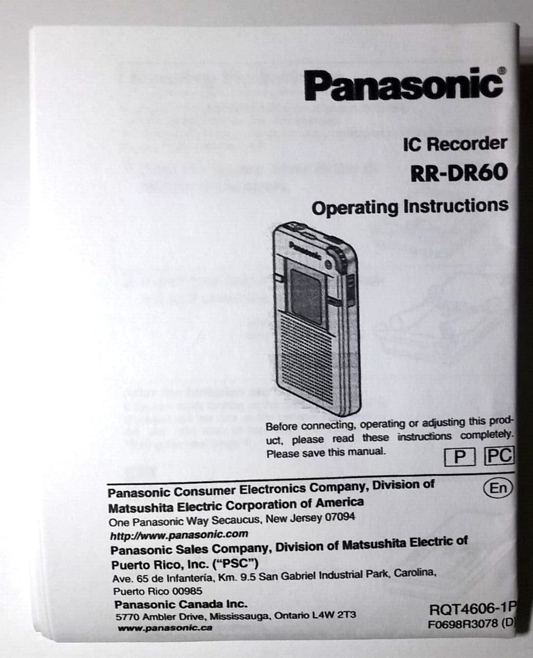 Panasonic RR-DR60 IC recorder operating instructions manual.