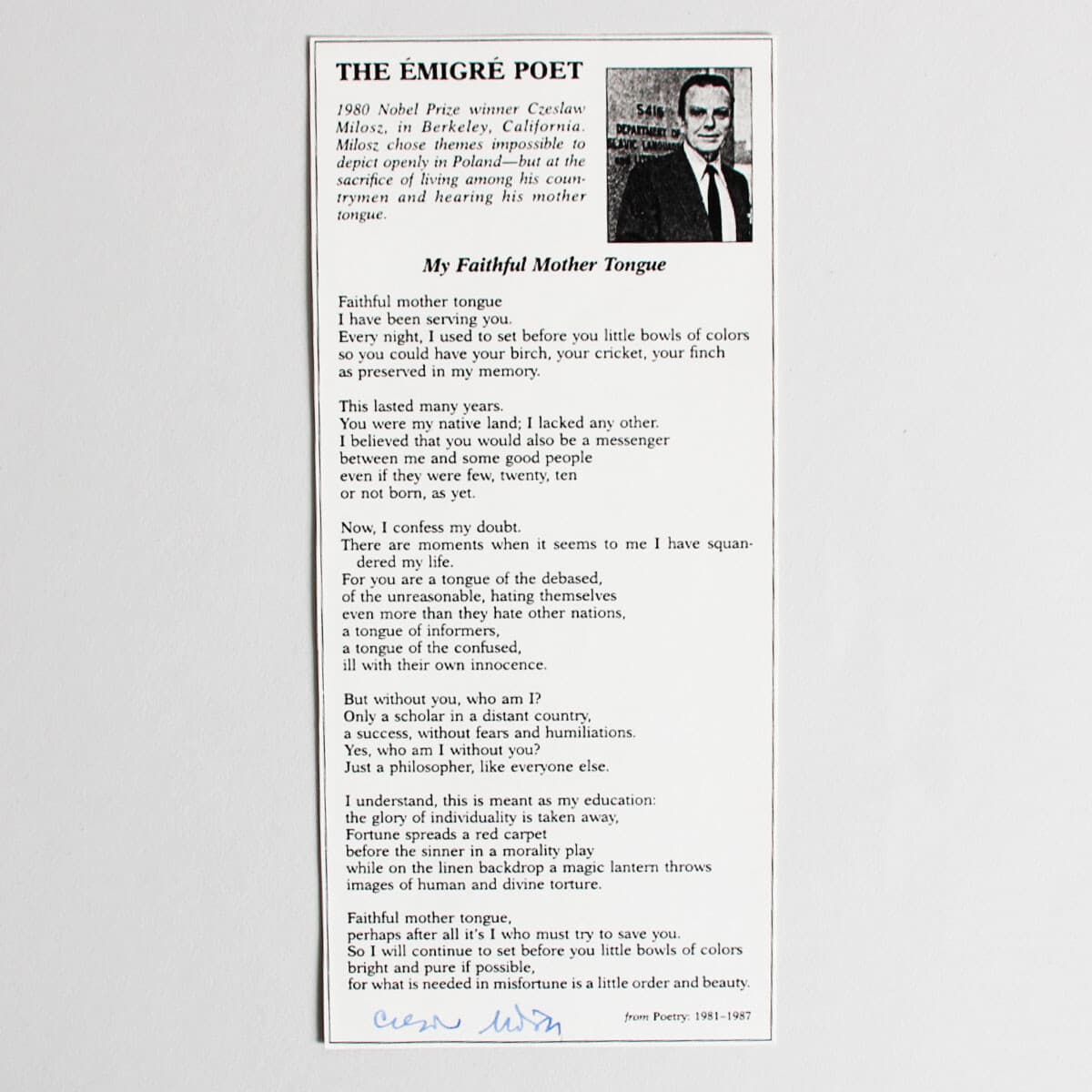 Czeslaw Milosz Signed Poem 1980 Nobel Prize in Literature - COA JSA