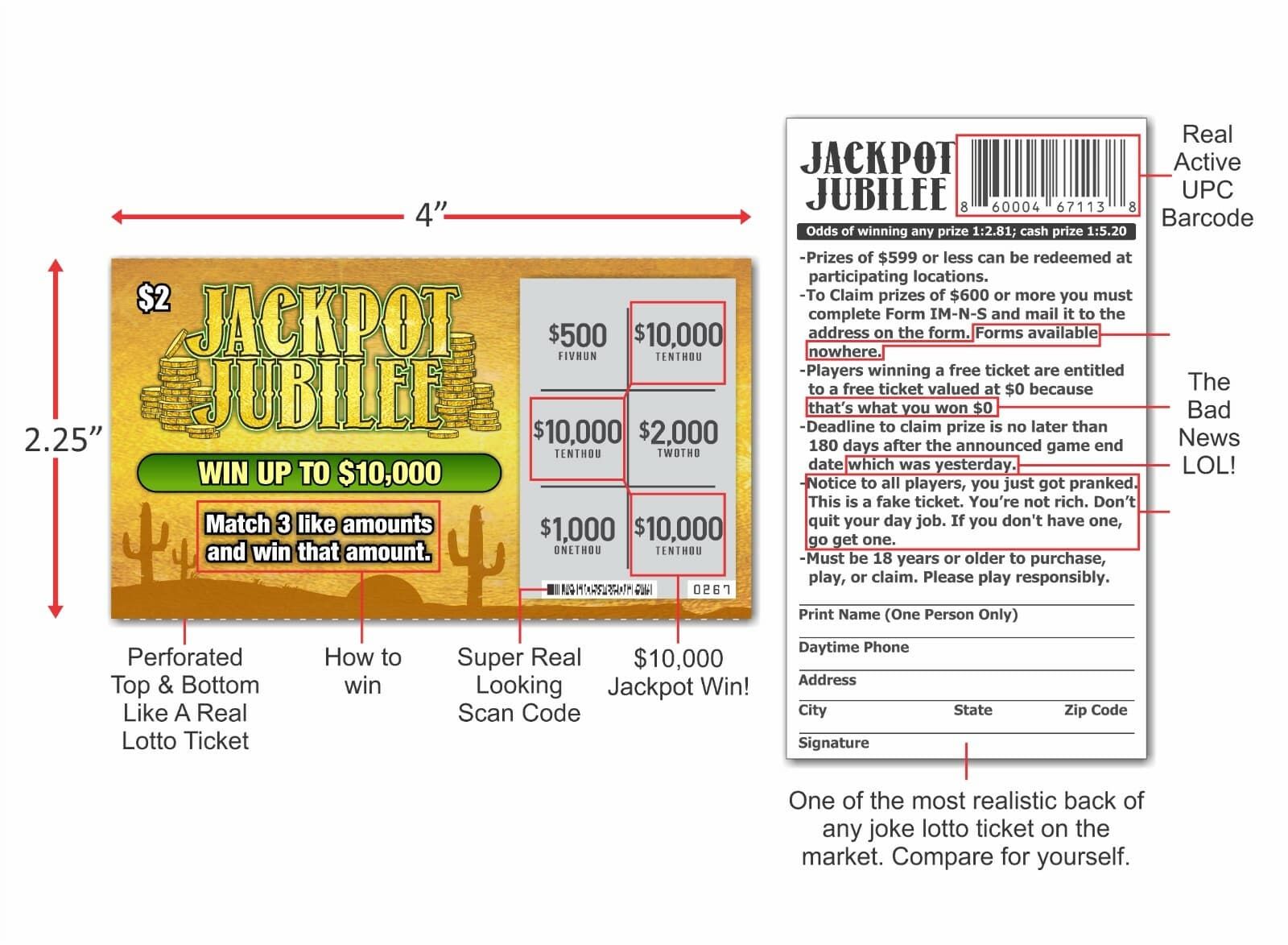 Funny Prank Gag Fake Lottery Tickets, 10,000 & 25,000 Winners, 20 Tickets total  5