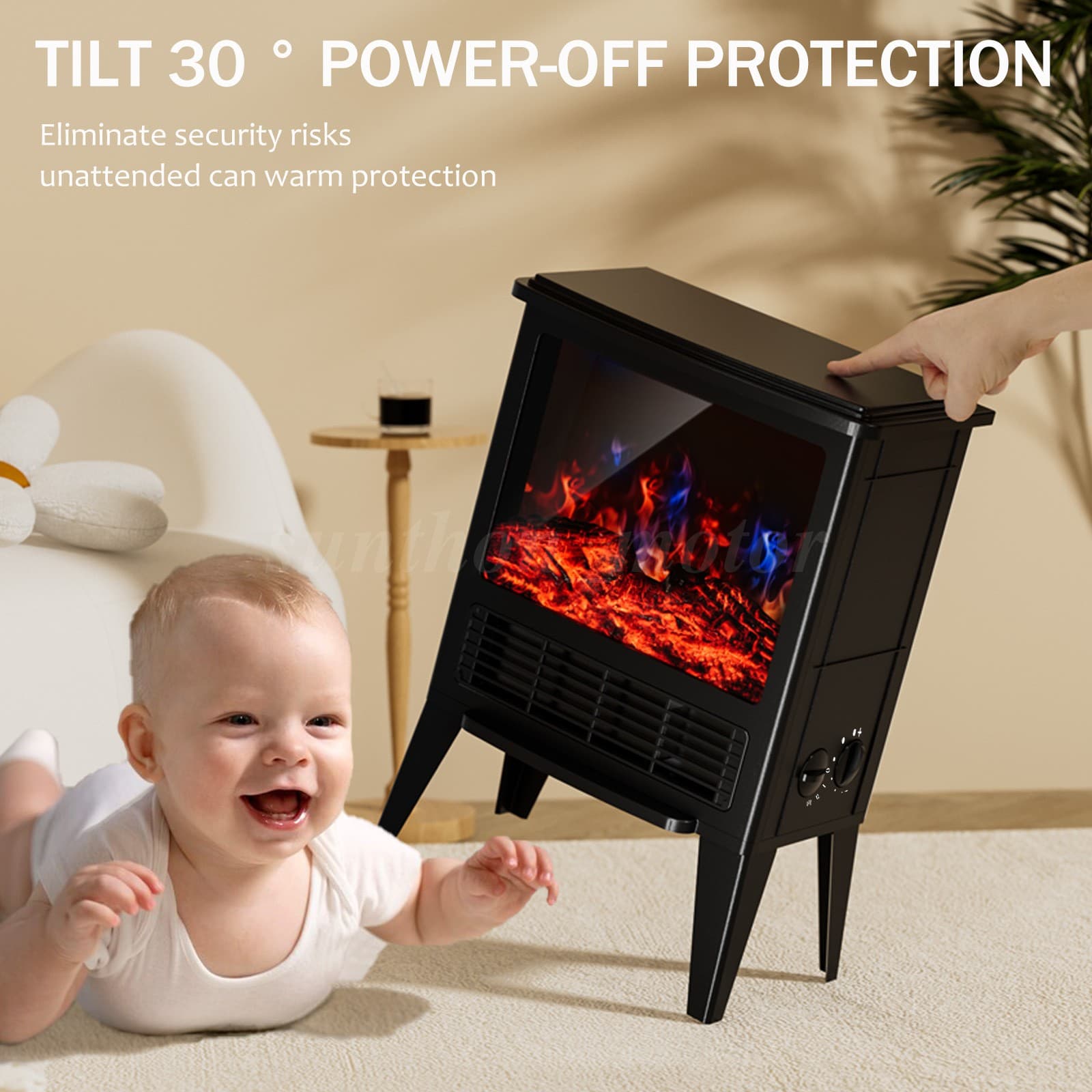 1500W Electric Fireplace Space Heater Simulated Fire Flame Brightness Adjustable 4