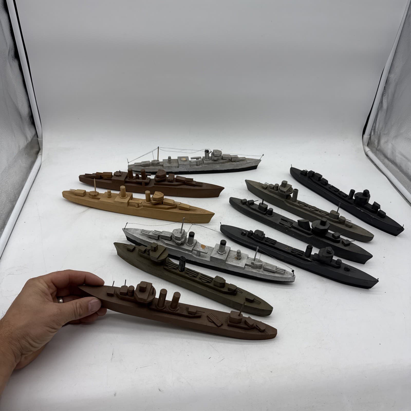 Lot 10 WOODEN TOY 1940s Folk Art Rare Battleship Wooden Toys Model 3