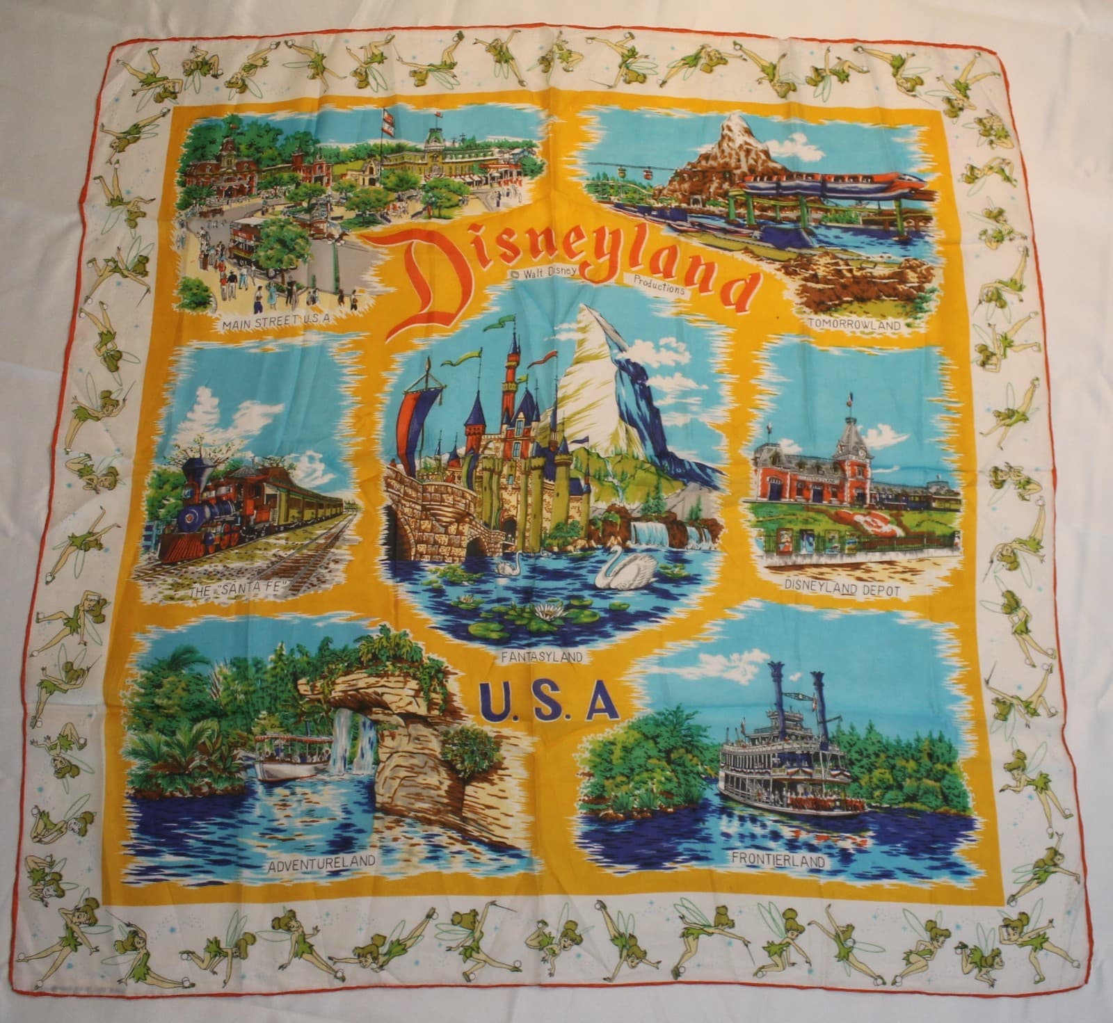 Vintage Disneyland Rayon/Silk Scarf Rare 1961 Walt Disney Productions Tinkerbell