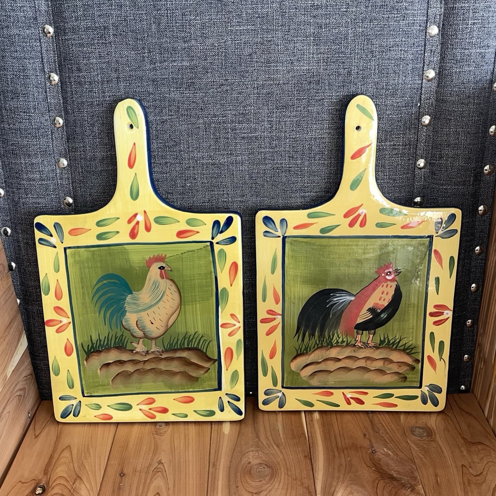 2 Rooster Hanging Trivets Style Eyes Baum Bros Ceramic Vintage Pottery Farmhouse