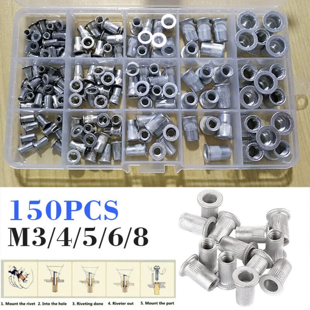 150Pcs RIVET NUT Flat Head Threaded Insert Aluminum Rivet Nutsert Set Kit 2