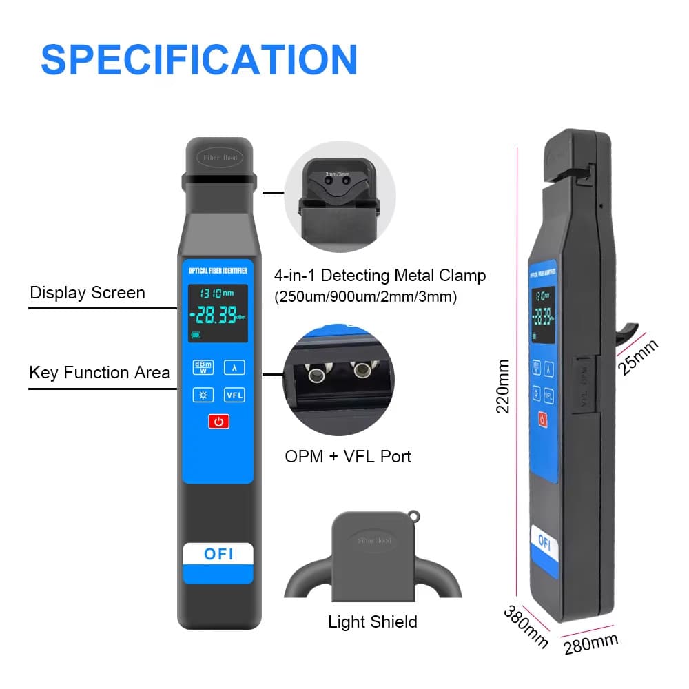NEW Fiber Optic Identifier Built-in -50~+26dBm OPM+VFL：10KM Visual Fault Locator 6