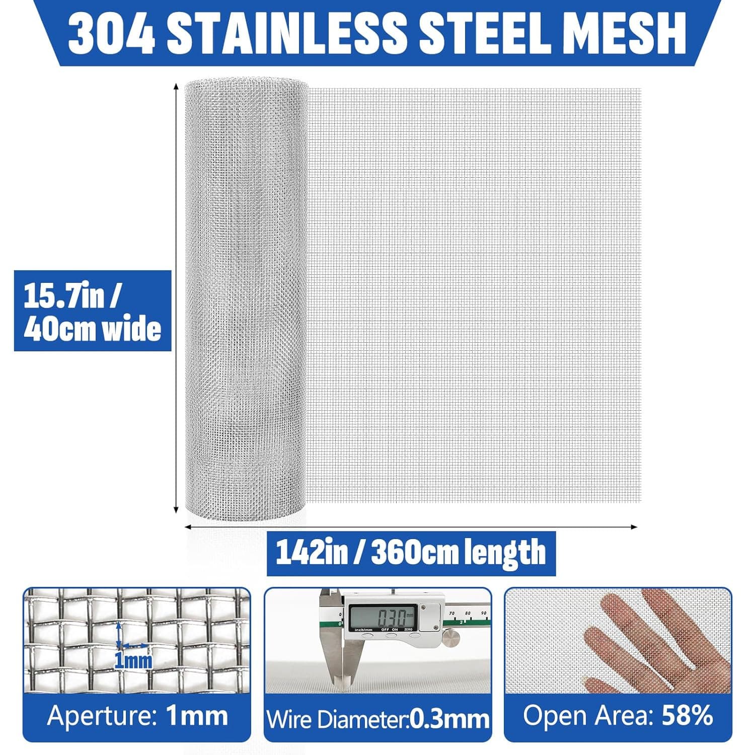 20 Mesh 304 Stainless Steel Mesh Screen, 15.7'' X 142''(40Cm X 360Cm) Wire Scree 2