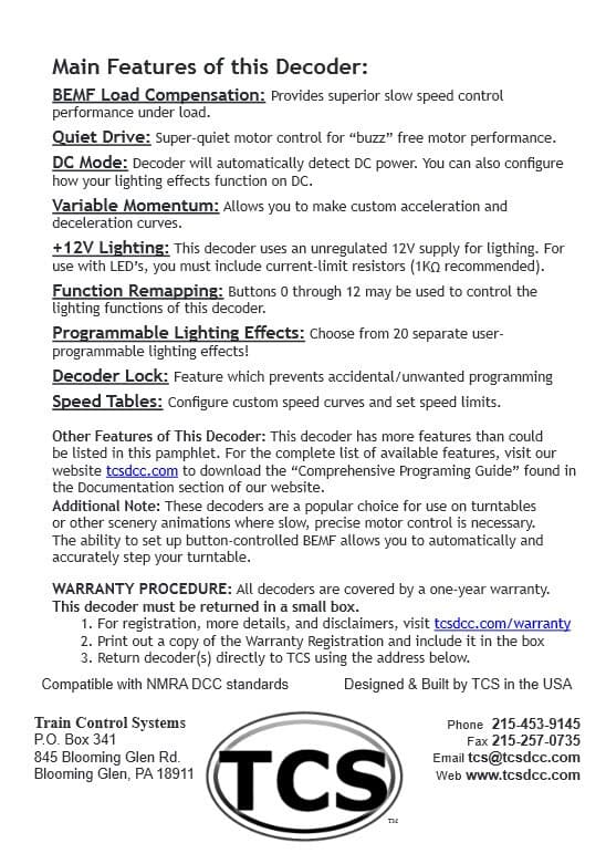 TCS T4X HO Scale DCC Motor Decoder 4 Function 9-pin JST & KA Plug 3