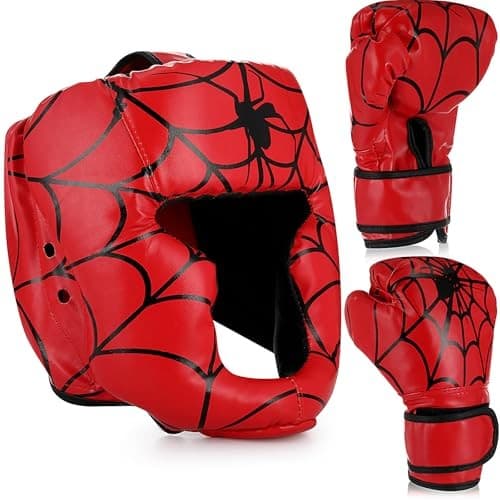 Boxing Headgear and Gloves Set for Kids 6oz Boxing Gloves and Red Spider 2