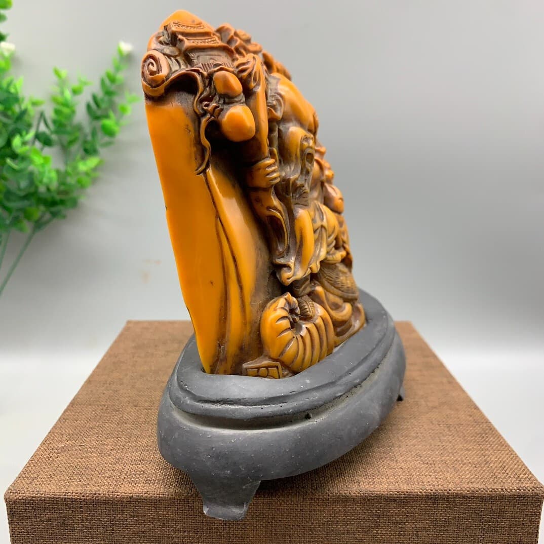 4.3"Noble old shoushan stone handwork carved Longevity god and children statue 3
