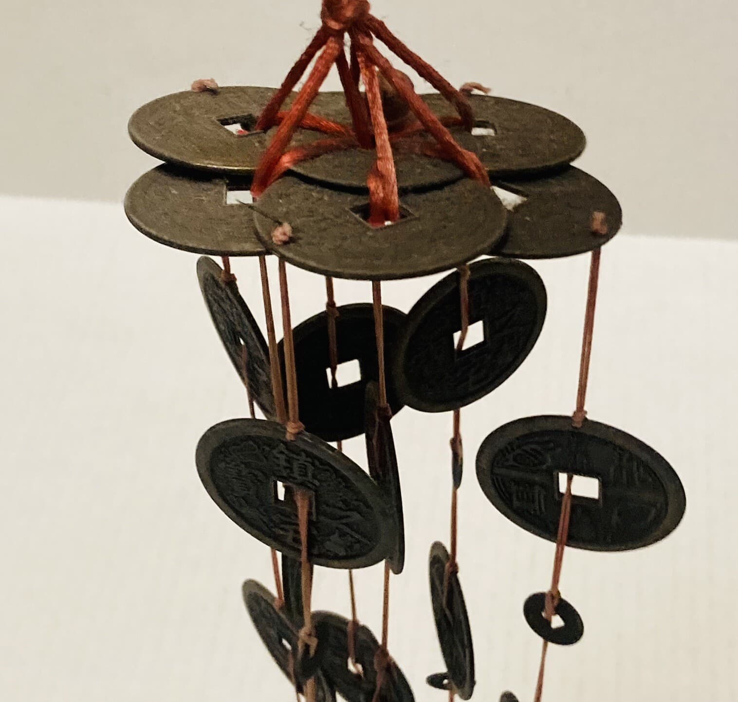 Rare 1950s Chinese Coin Token Wind Chime Feng Shui Buddha Qwan Yin Charm Art X 5