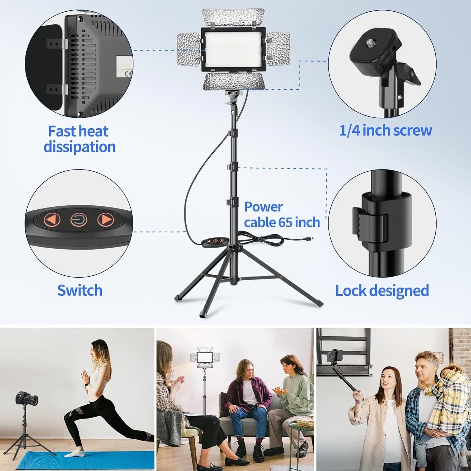 2 Pack LED Video Photography Lighting Kit with 54'' Tripod Stand, Dimmable 5600K 6