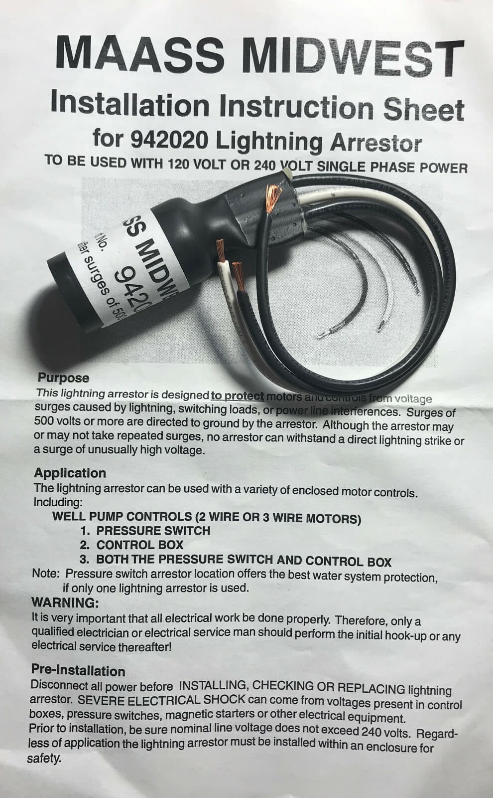Lightning Arrestor Power Surge Arrester 120 or 240 Single 1 Phase  Well Pump
