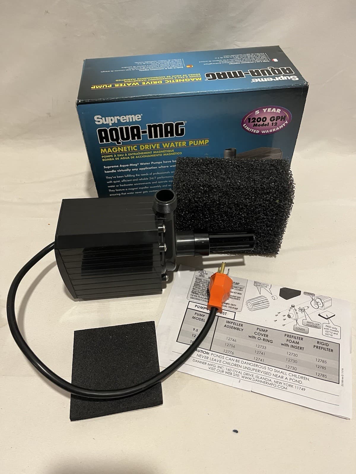 Supreme Aqua-Mag 1200 GPH Magnetic Drive Aquarium/pond Water Pump foam filter