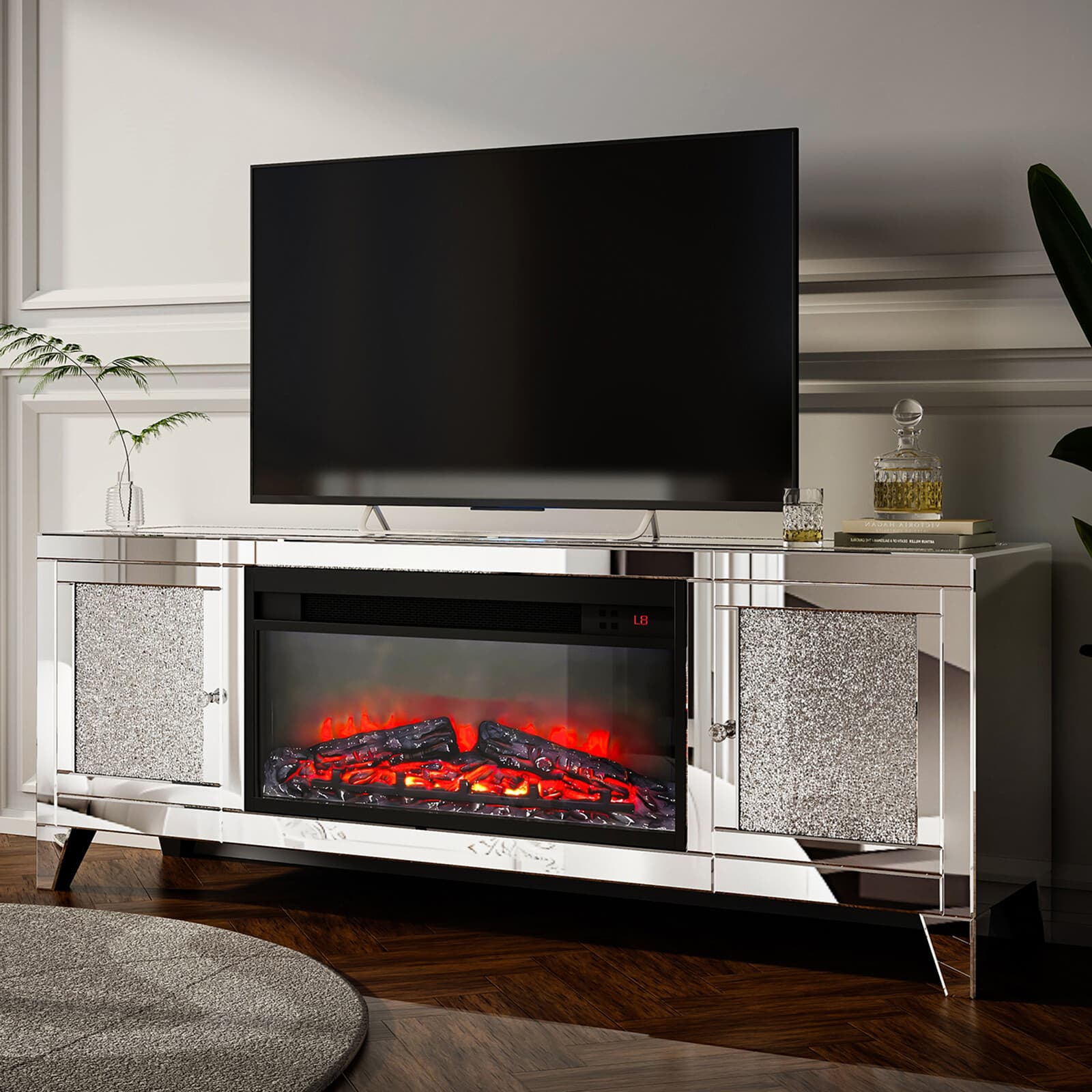 COSVALVE 59"Mirrored Fireplace TV Stand Entertainment Center Crush Diamond 2Door 2