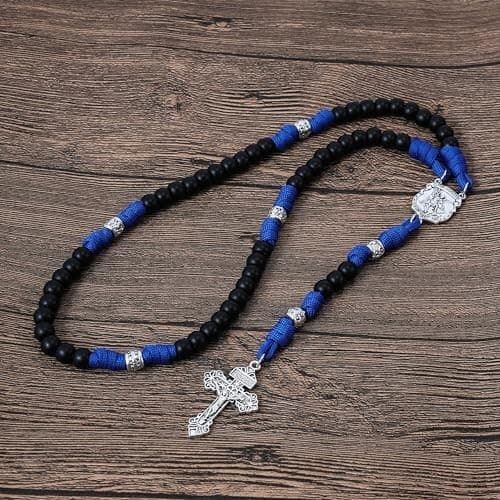 St. Michael Blue Paracord Rosary Black Beads Corded Rosary Pardon Cross 6
