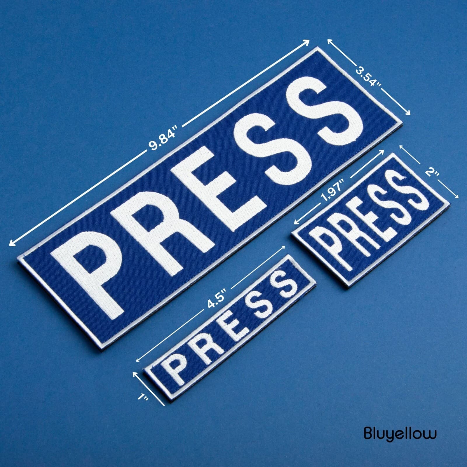 3-Piece Embroidered PRESS Patch for Vests, Jackets, Large & Small, Blue & White 2