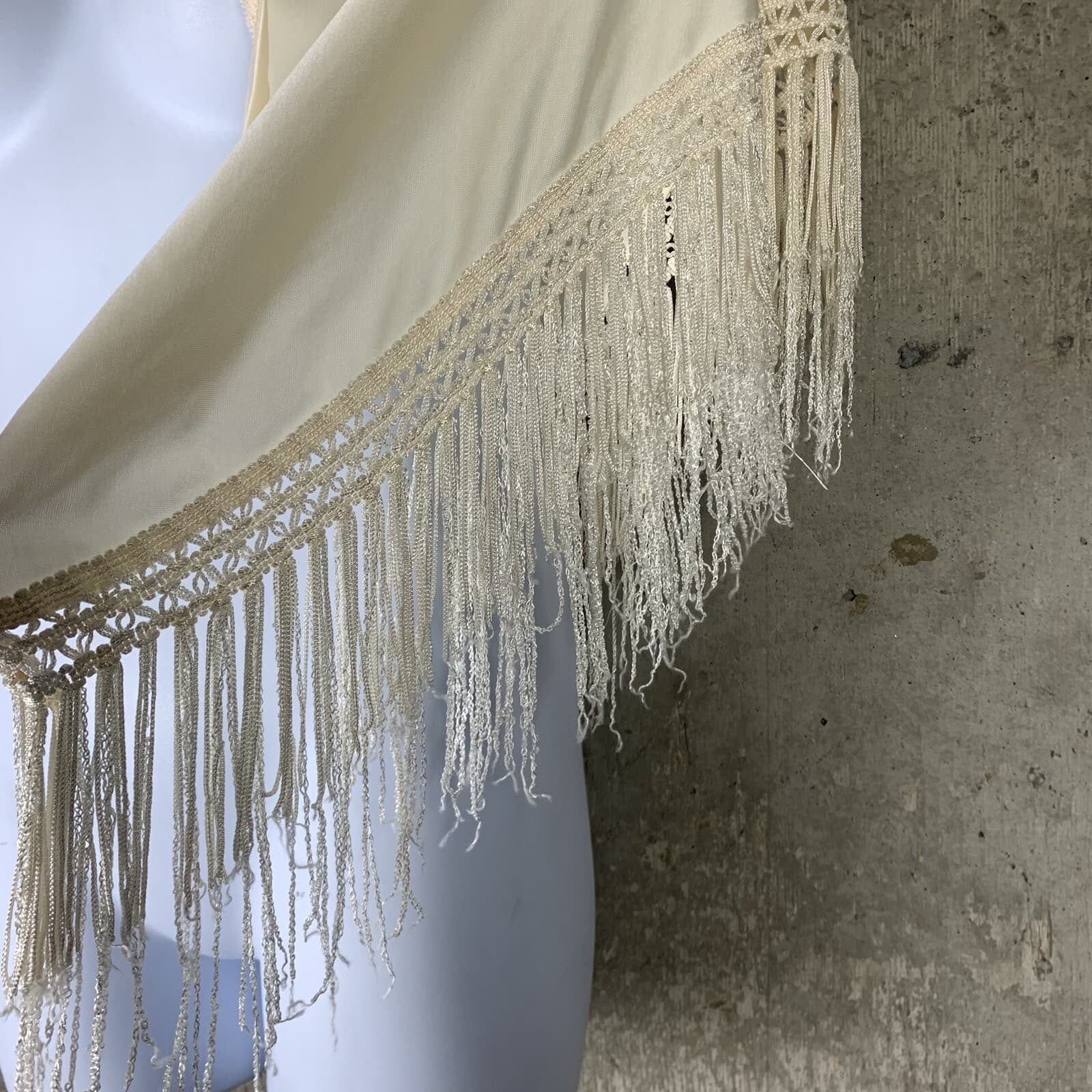 Vintage Shawl Wrap Fringe Ends Ivory Triangle Shape California Things 60x25 3