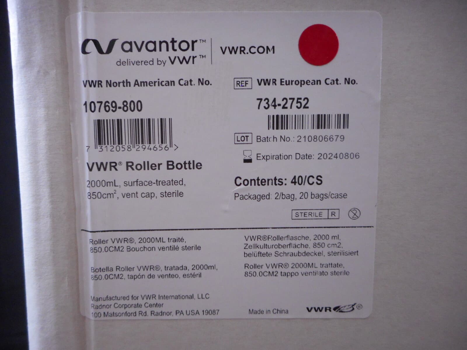 VWR AVANTOR Roller Bottles 2000mL Surface Treated 850cm Vent Cap 7342752 (40/cs) 2