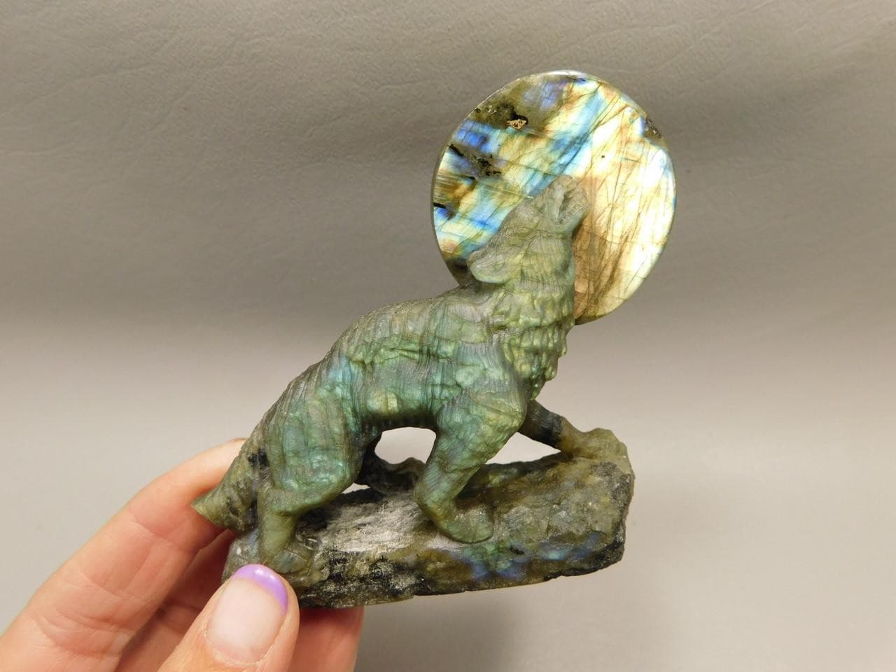 Howling Wolf Moon Figurine Labradorite 3.25 inch Coyote Carving #O01 2