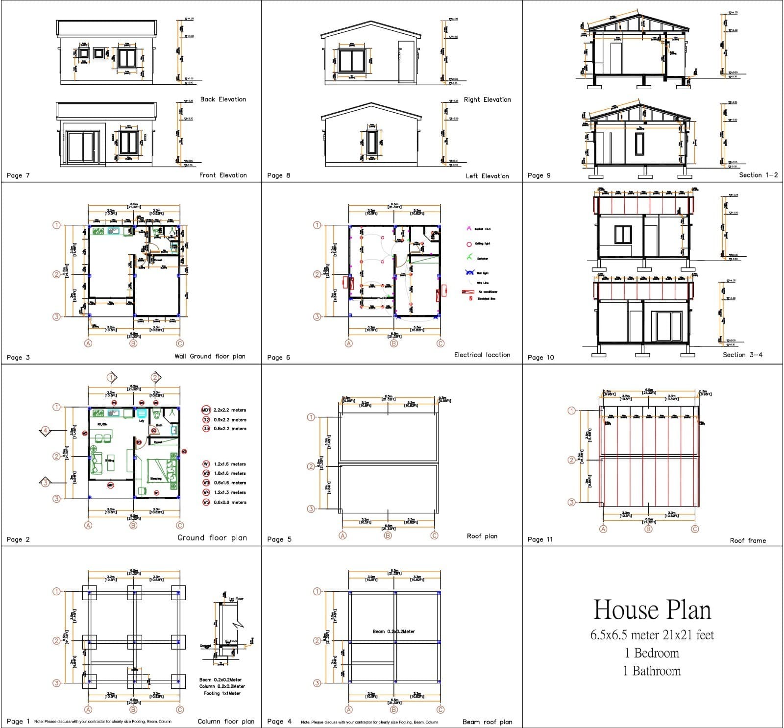 21x21 Feet Tiny House Plans 6.5x6.5 Meter 1 Bed 1 Bath Gable Roof (A4 Hard Copy) 3