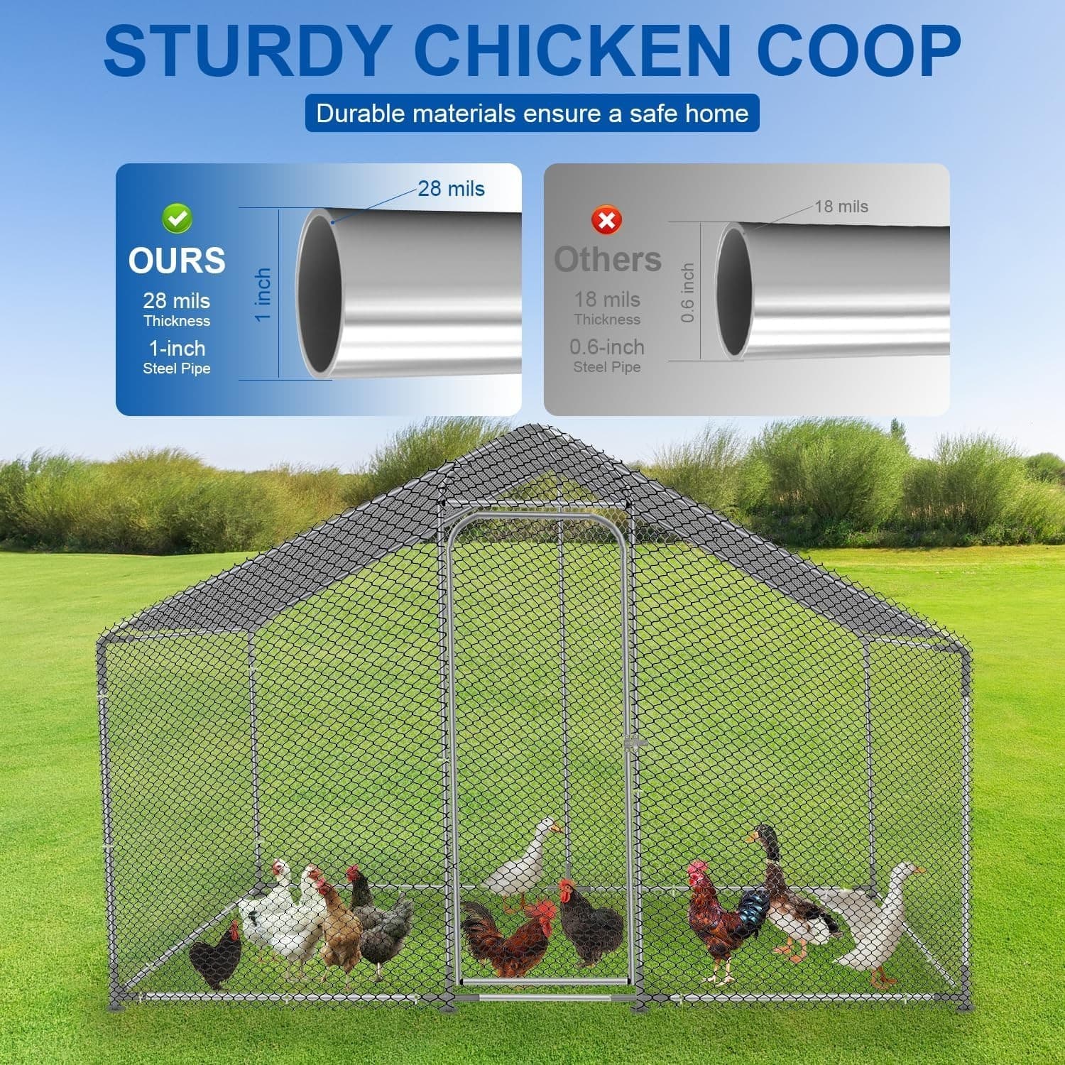 Large Metal Chicken Coop,Walk-in Hen House w/Cover,Poultry Cage,Chicken Run Yard 5