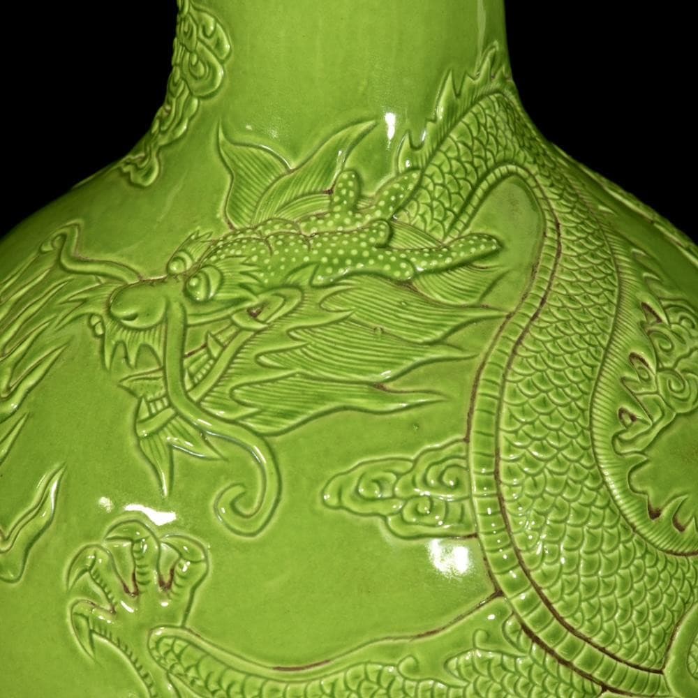 33CM Qianlong Signed Old Chinese Apple Green Vase W/dragon U1325 5