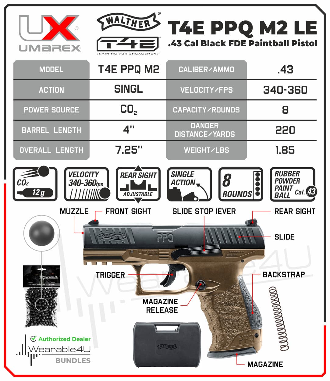 Umarex T4E Walther PPQ M2 .43 Cal Black FDE Paintball Pistol and Balls Bundle 2