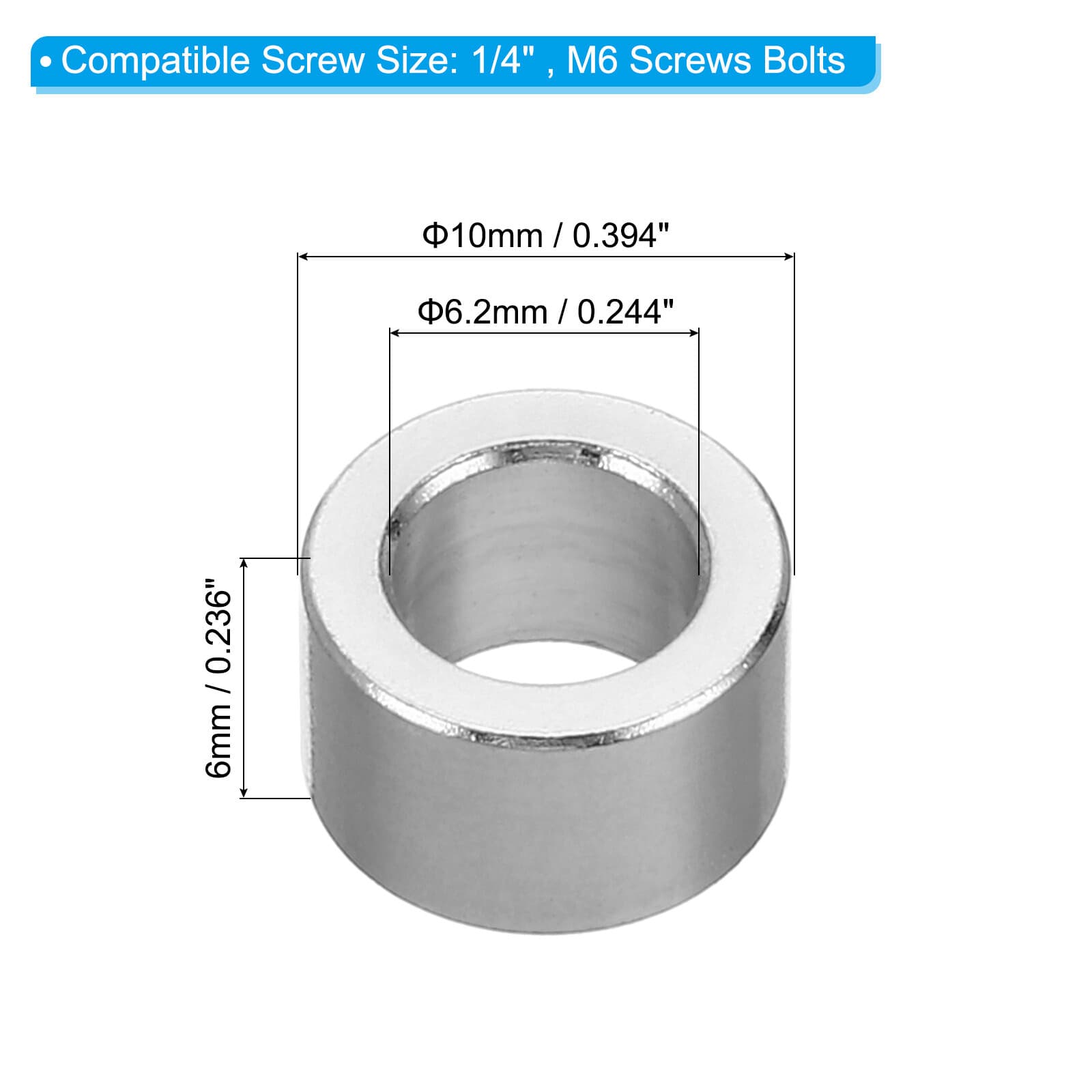 20Pcs M6 Round Aluminum Spacer Metal Spacer Aluminum 6.2mm ID x 10mm OD x 6mm L 2