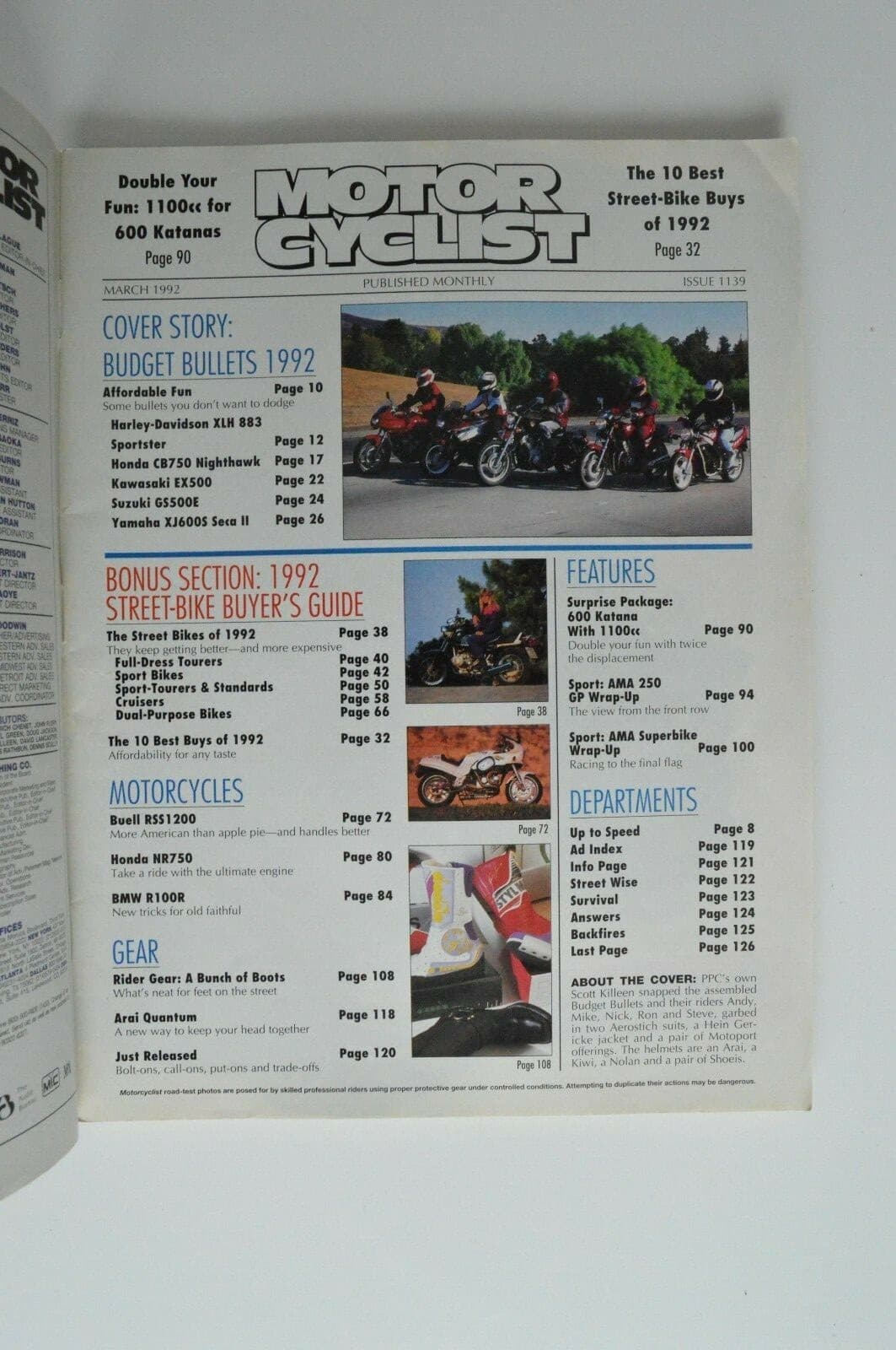 MOTOR CYCLIST March 1992 BMW R100R Buell RSS1200 Harley 883 Sportster Honda 750 2