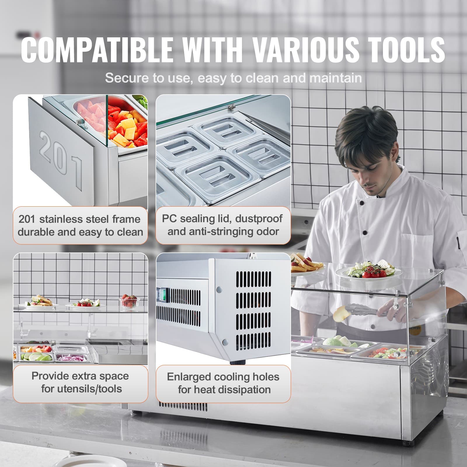 VEVOR Countertop Refrigerated Salad Pizza Prep Station 130 W Glass Guard ETL 6