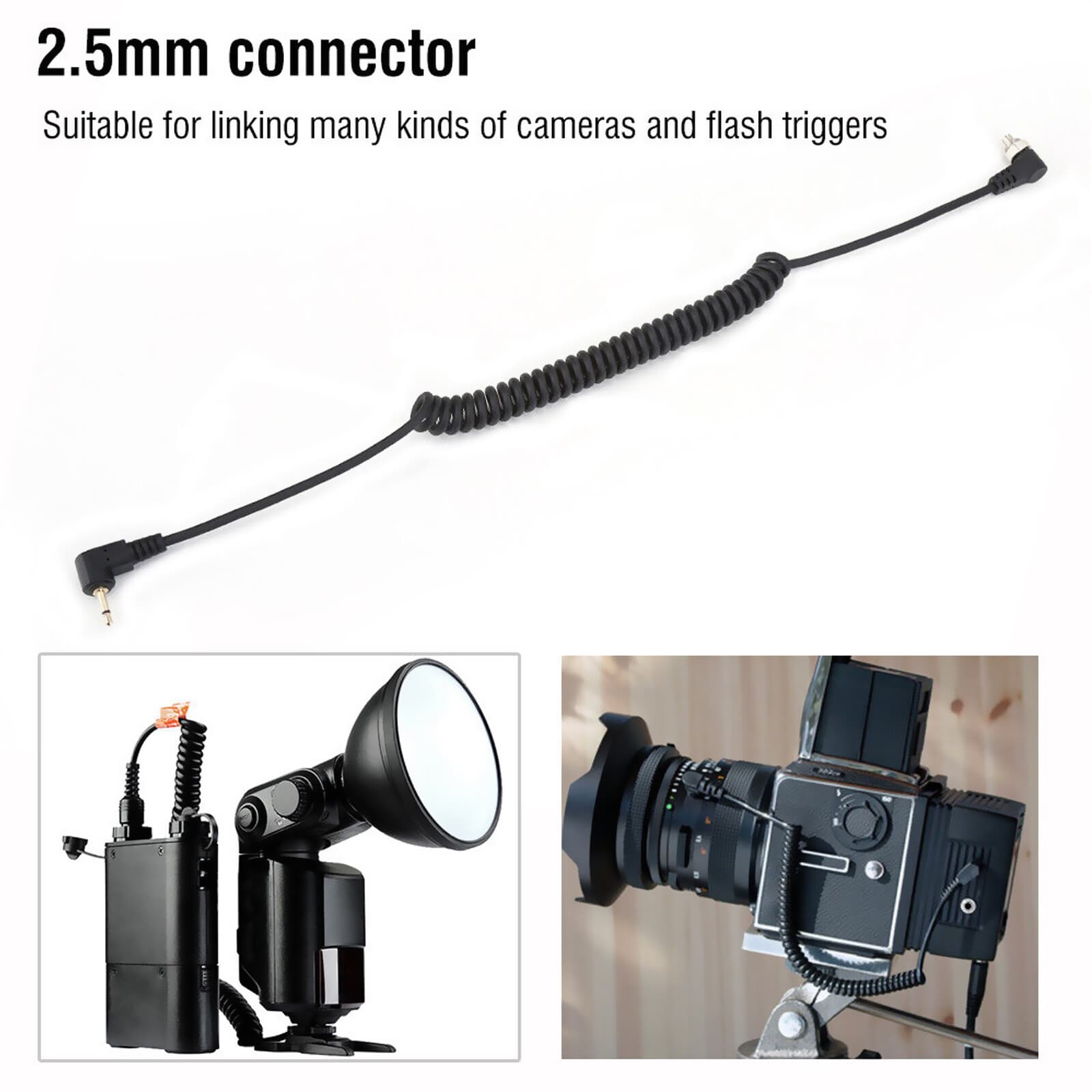 2.5mm To Male Flash PC Sync Cable Camera Flash Trigger Cord 30-100cm for DSLR 5