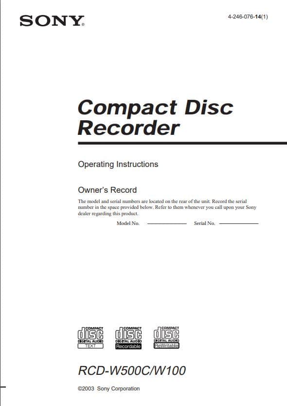 SONY RCD-W500C RCDW100 5-Disc Changer CD Recorder Player USER MANUAL Guide