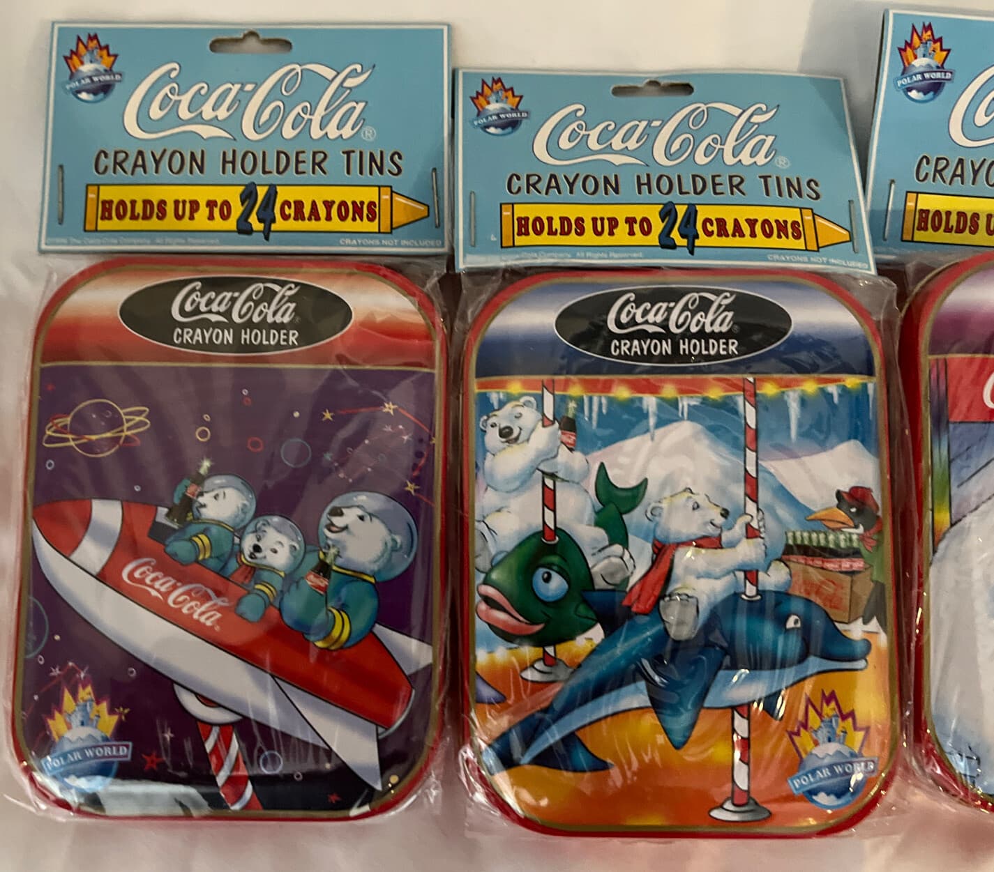 Coca-Cola Coke Polar Bear Crayon Holder Tin Lot 3x New Old Stock! 1996 Bears 2