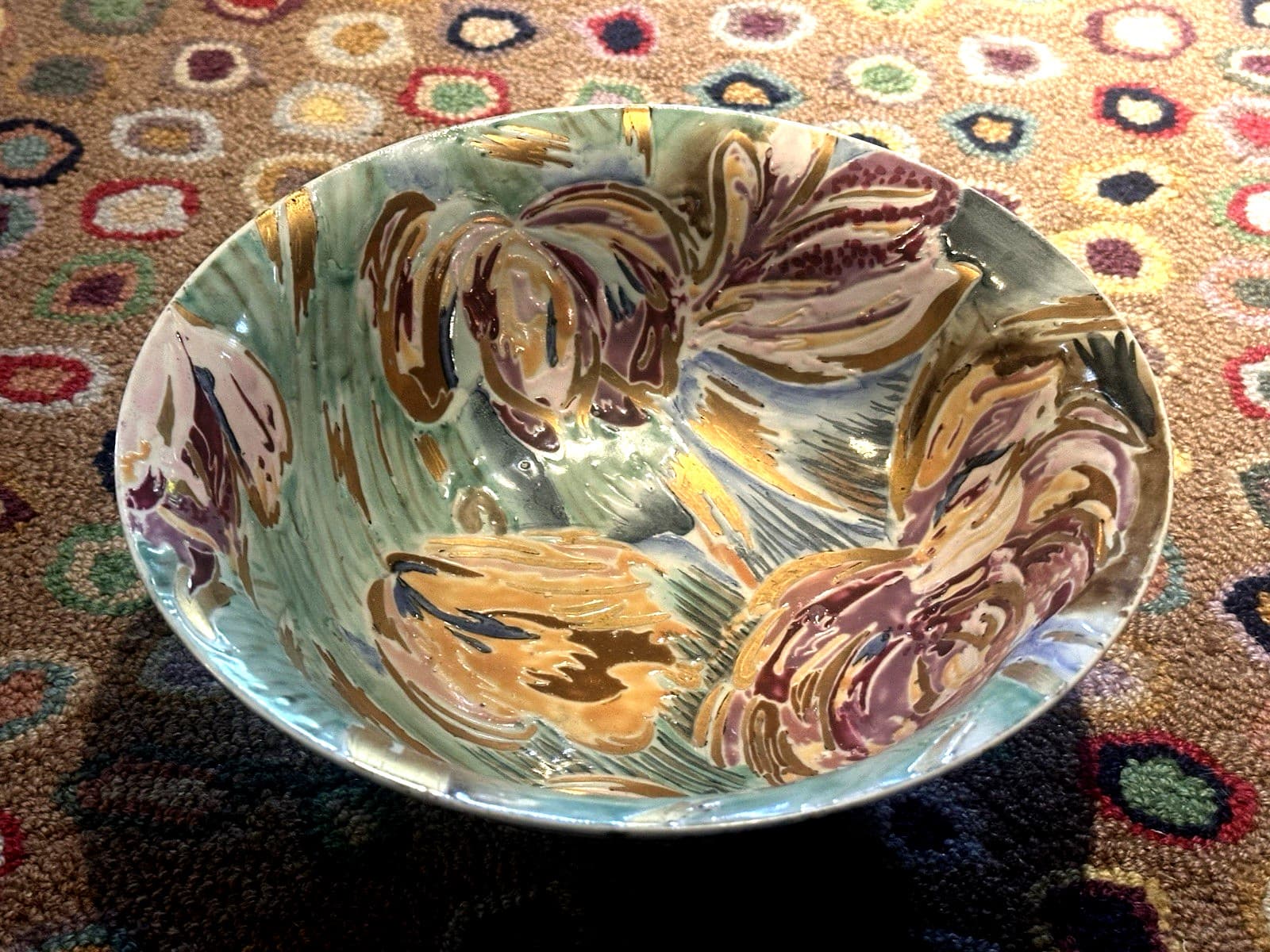 CHINA TRADER DECORATIVE IMPRESSIONISM FLORAL 10" BOWL & PLATE GOLD PINK BLUE SET 3