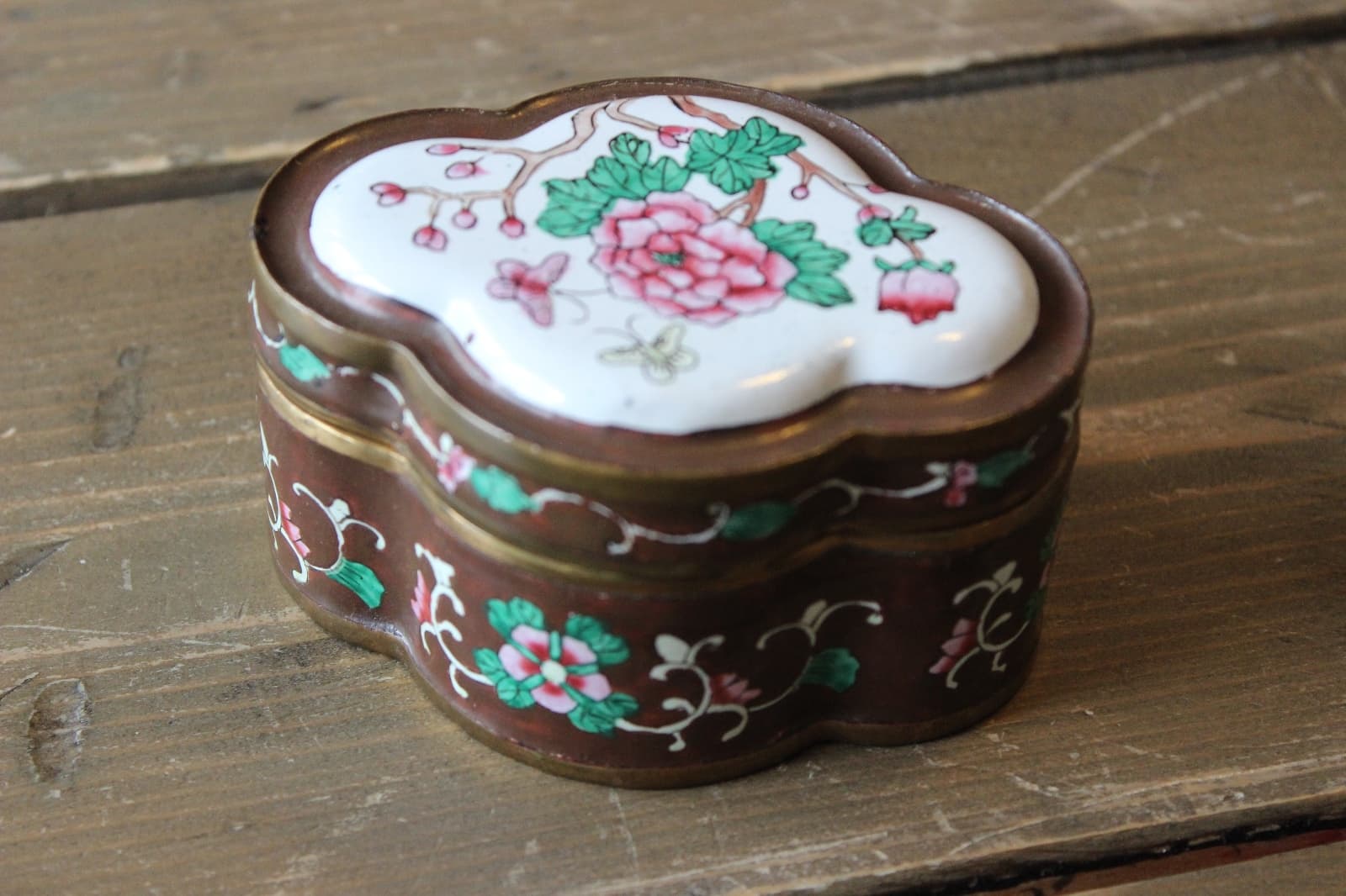 Antique Brass Enamel Flower Trinket Jar 3.75 x 2.75 x 2 inches 2