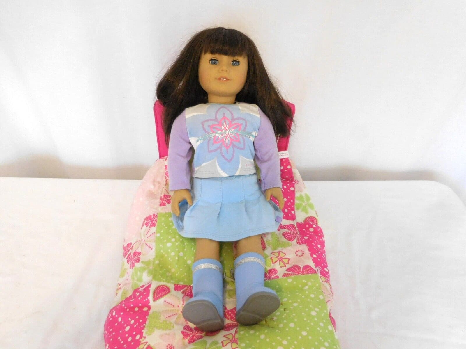 American Girl Retired Blossoms & Blooms Pink Floral Doll Bed & Bedding + Doll 3