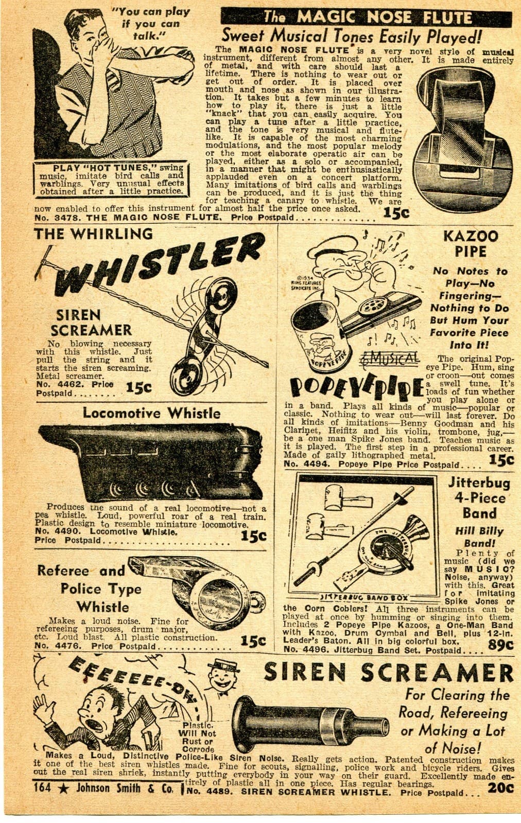 1950 small Print Ad Magic Nose Flute Popeye Kazoo Pipe Jitterbug Hill Billy Band