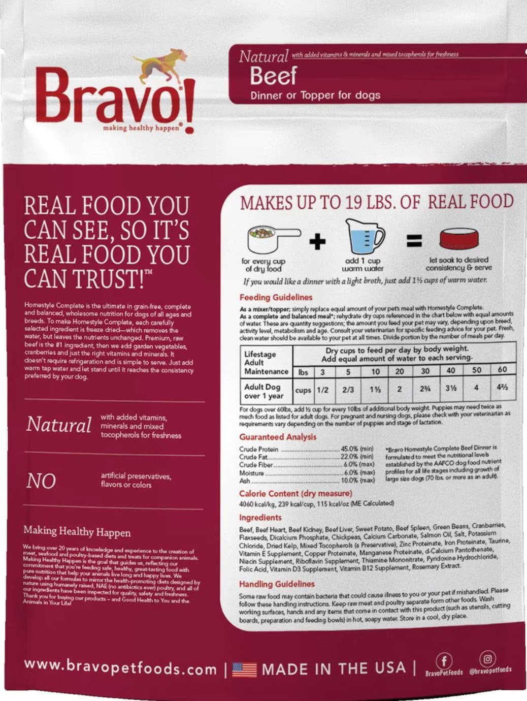 Bravo! Homestyle Complete Beef Dinner Grain-Free Freeze-Dried Dog Food 4lb 2