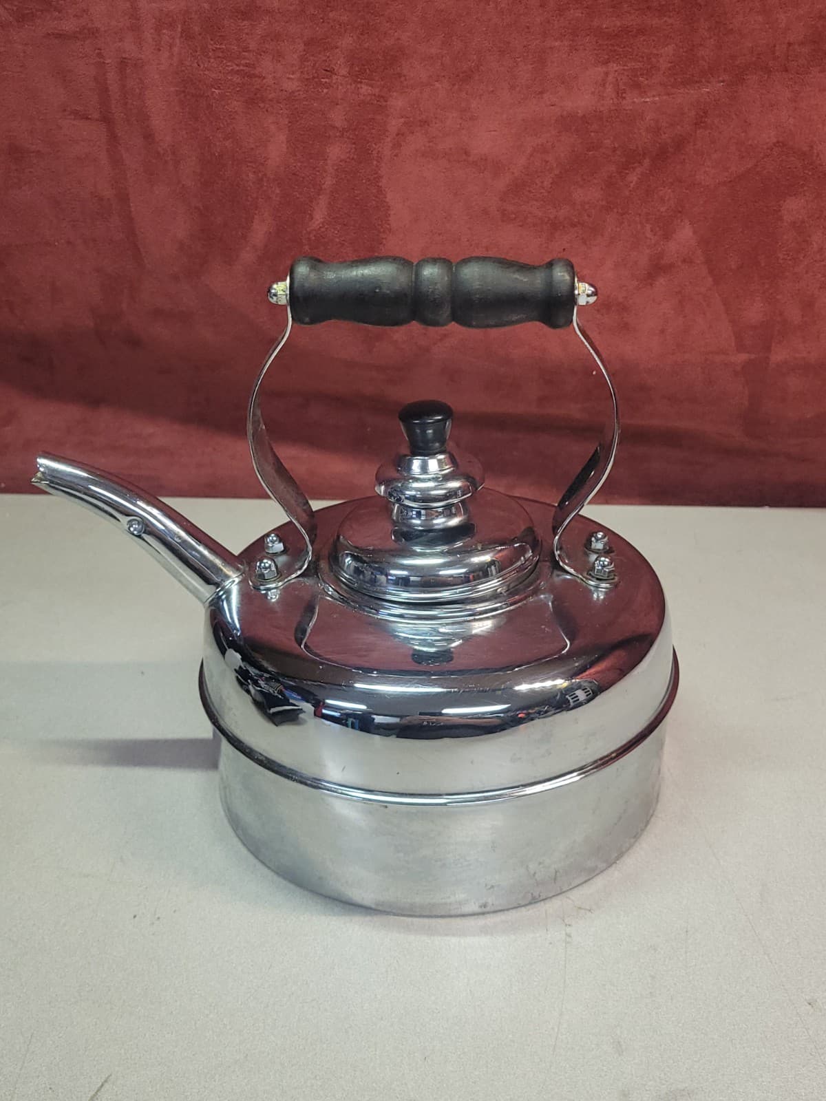 The SIMPLEX Patent Whistling Tea Kettle Solid Copper Chrome England Wood Handle