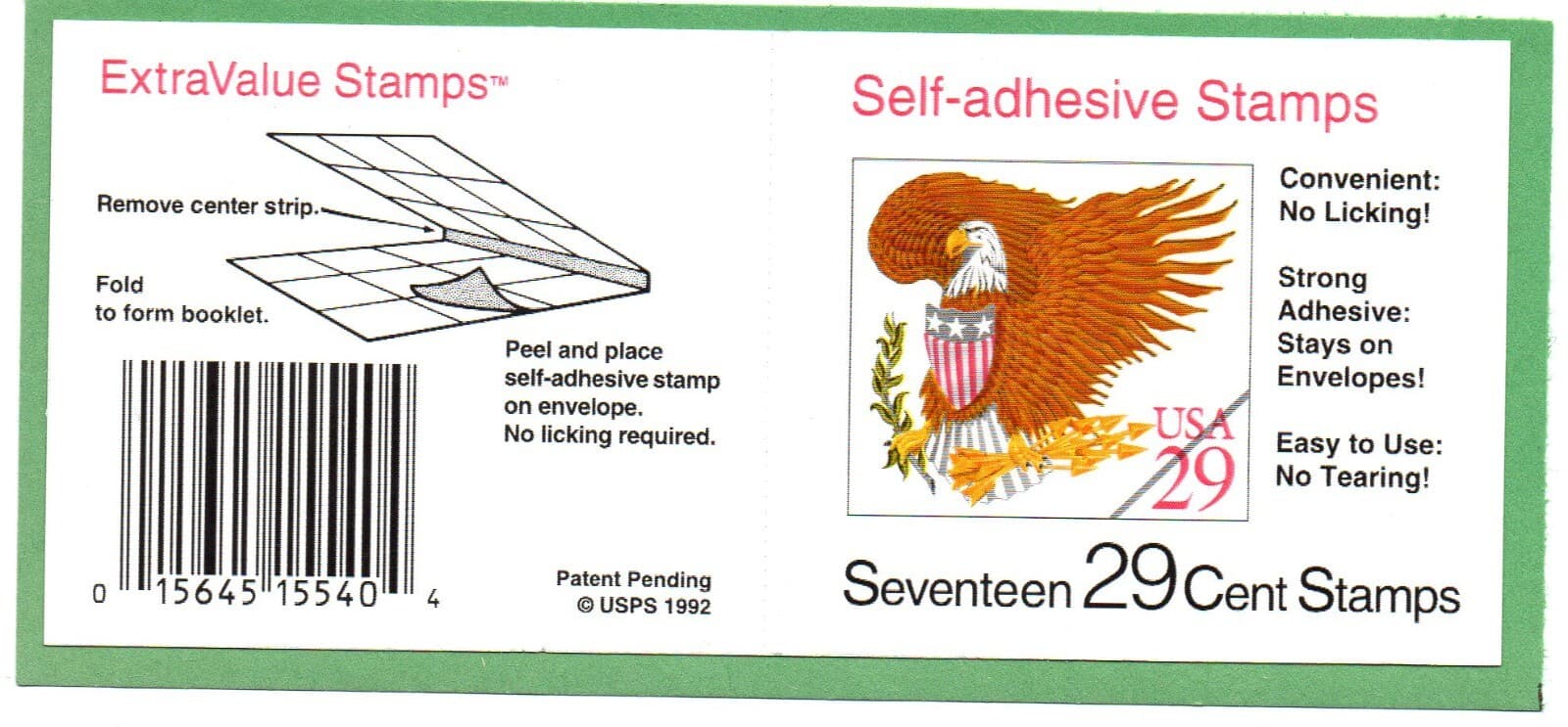 U.S. BOOKLET PANE OF 17 SCOTT#2597a 1992 29ct EAGLE&SHIELD MNH P#S1111 2