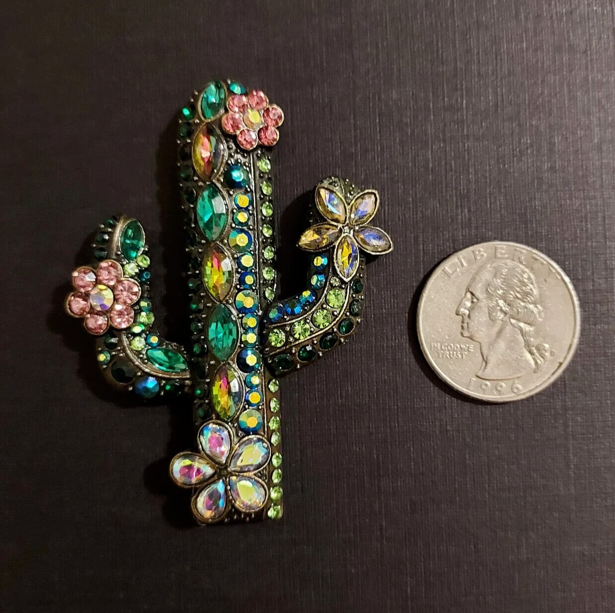 Magnetic jeweled Cactus Brooch set in antique gold tone alloy.  Western brooch 4