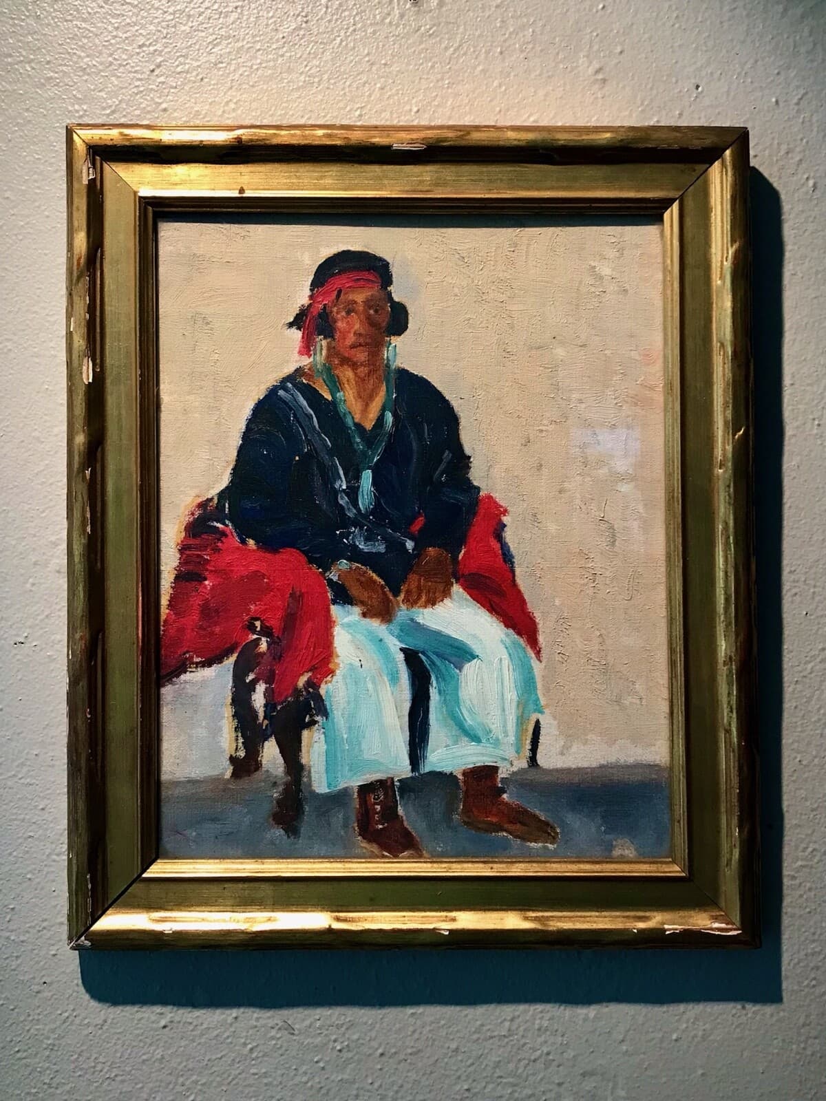 Antique SEATED NAVAJO Impressionist Oil/Board Painting,Gilt Frame,Unsigned,20thC 3