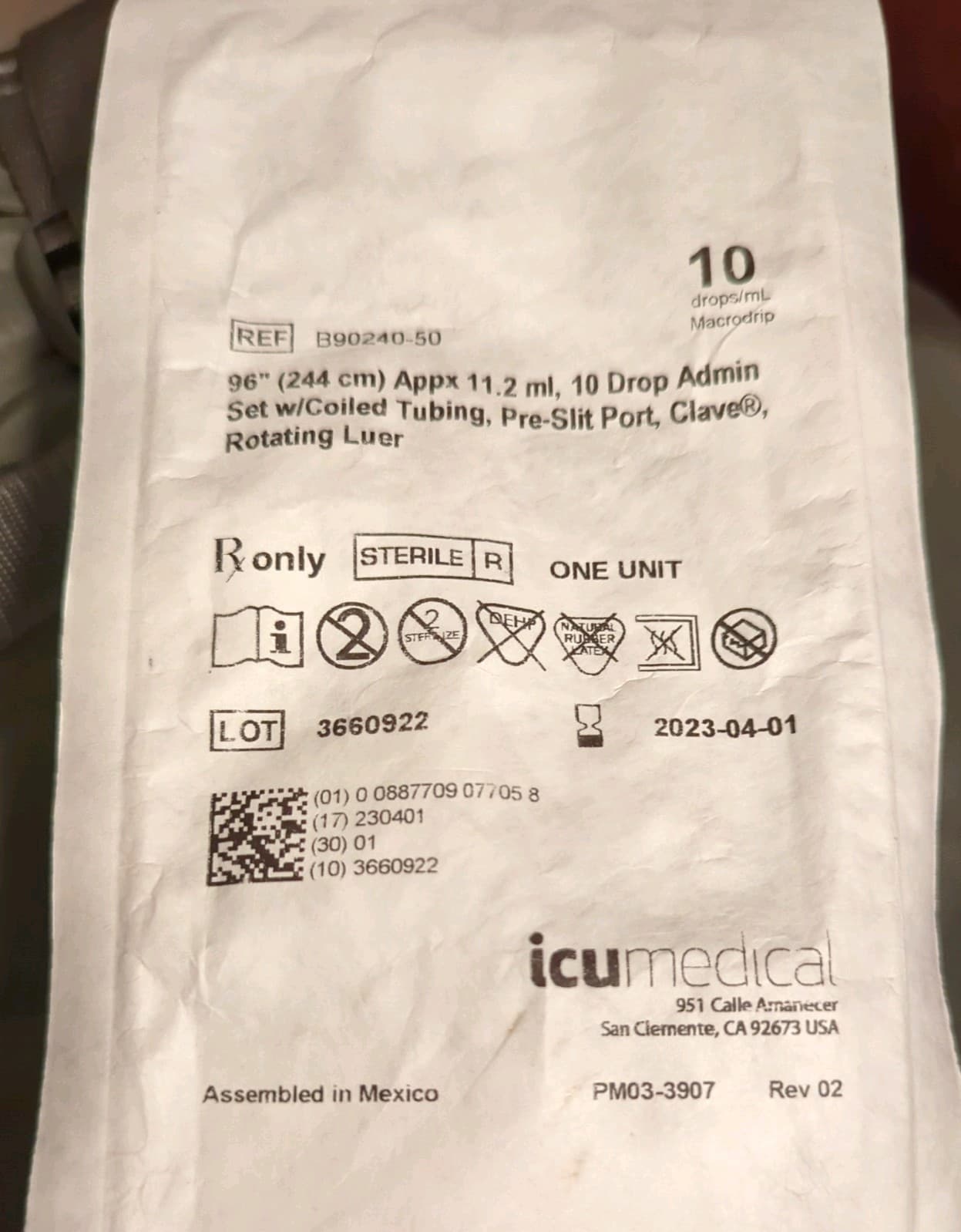 LOT OF 20 ICU MEDICAL B90240-50, 96" ~ 11.2mL, 10 Drop Admin Set w/coiled Tubing 2