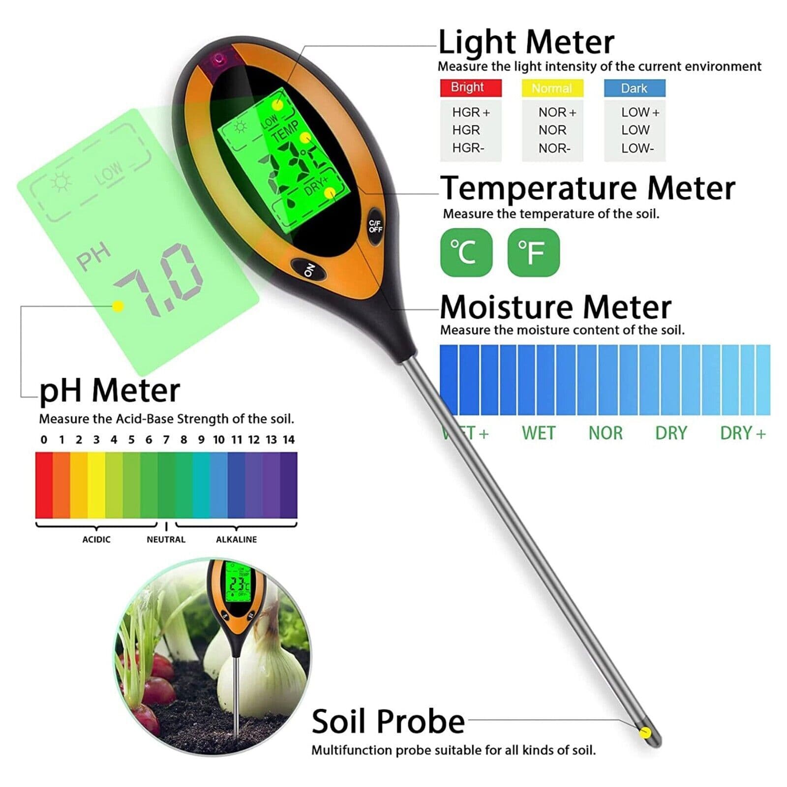 5 in 1 LCD Digital Soil PH Tester Moisture Humidity Meter LED Light Garden Plant 3