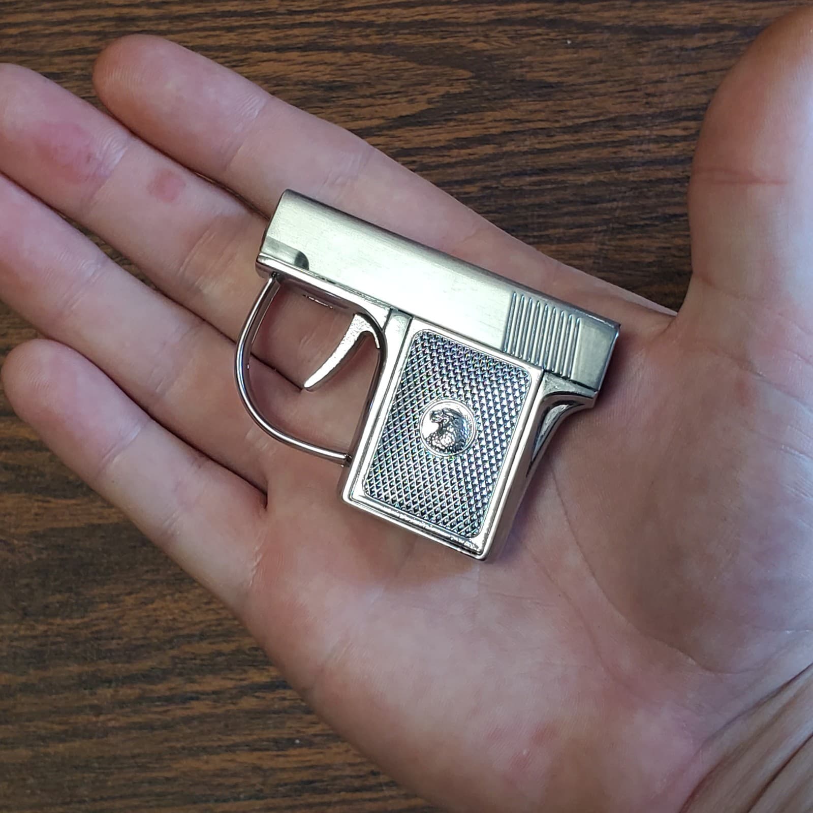 Pistol Shaped Gun Lighter FIRE Stainless Color METAL, Mini Zip Gun -USA SHIP New 4