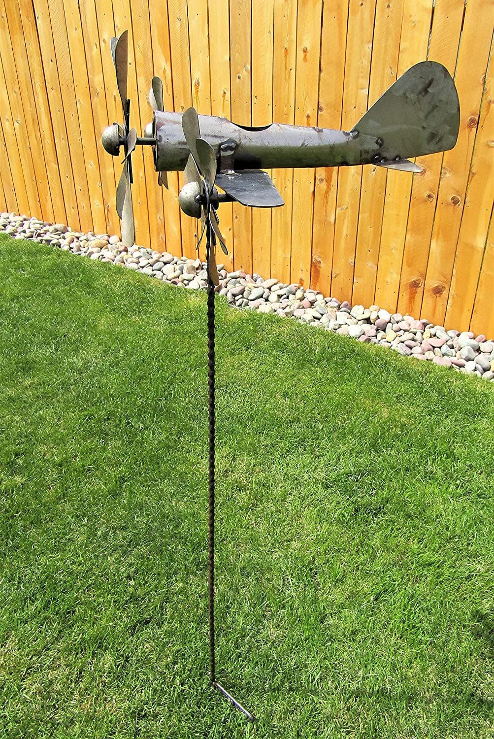 Metal Triple Prop Plane Airplane Spinner Propeller Yard Garden Stake Windmill 2