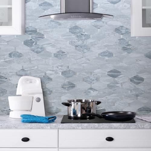 -Sheet Long Octagon Peel and Stick Backsplash, 10 Grey Marble & Metal Silver 5