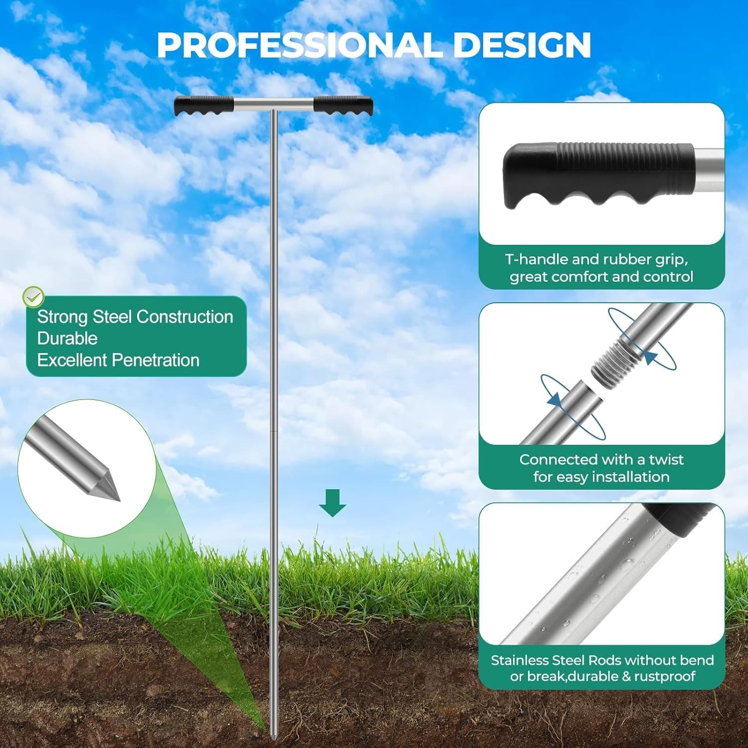 Stainless Steel Soil Probe Rod,48 Inch Adjustable Ground Probe Rod with T-Han... 2