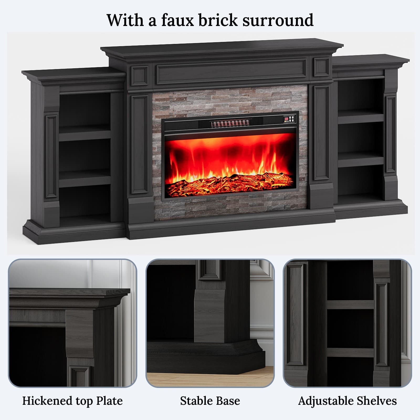 80" Electric Fireplace with Mantel, Freestanding Fireplace Heater TV Stand 1400W 4
